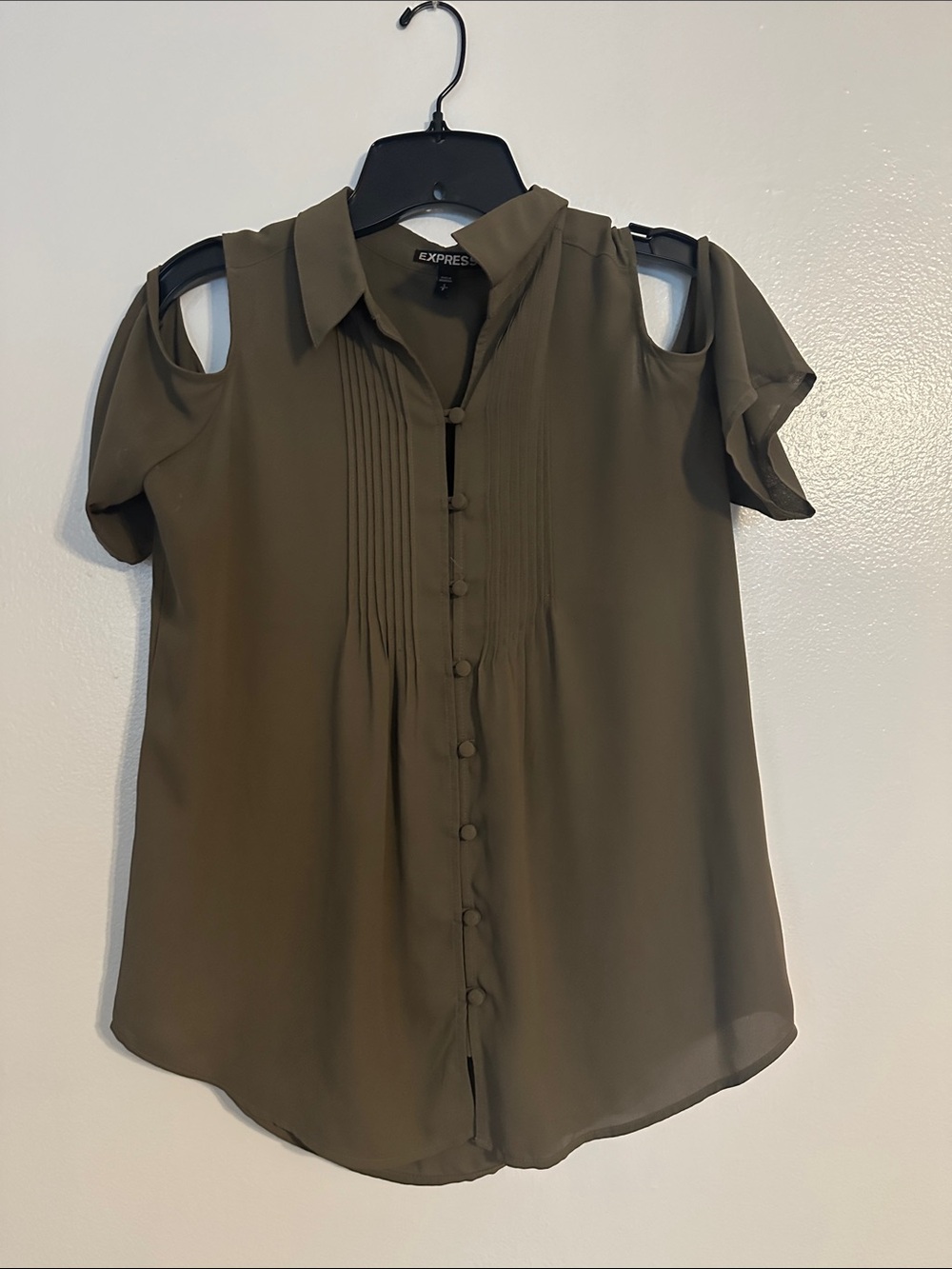 Express Olive Green Cold-Shoulder Button Blouse